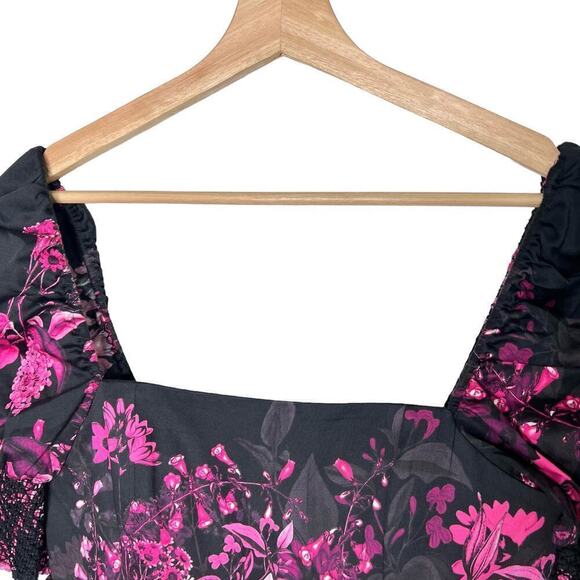 New Women’s Alice & Olivia Black Floral Smocked Square Neck Mini Dress Size 2 - Picture 5 of 9